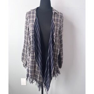 Hem & Thread Plaid Open Front Cardigan‎ Fringe Long Sleeve Shirt Top Womens S
